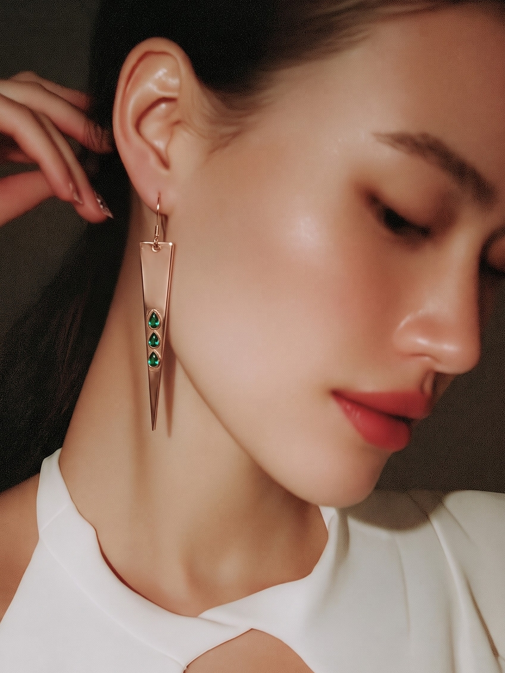 Gold-Tone Drop Earrings with Tiny Natural Green Emerald Accents